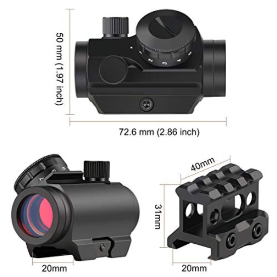 Airsoft T-1 Style 22mm Red Dot Sight with 1" Riser Picatinny Mount - Black