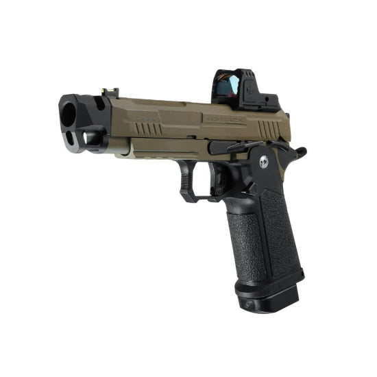 Arcturus Vanguard Hi-Capa 4.3 GBB Green Gas Airsoft Pistol w/Optics Ready Slide & Compensator & ARS-1 Red Dot Combo - Black/Tan