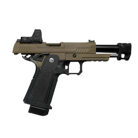 Arcturus Vanguard Hi-Capa 4.3 GBB Green Gas Airsoft Pistol w/Optics Ready Slide & Compensator & ARS-1 Red Dot Combo - Black/Tan
