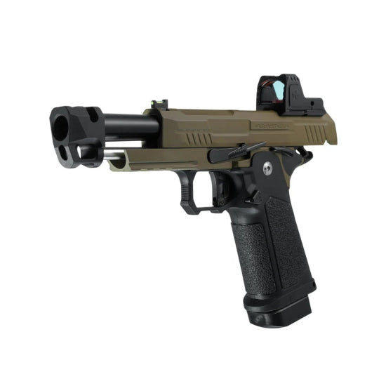 Arcturus Vanguard Hi-Capa 4.3 GBB Green Gas Airsoft Pistol w/Optics Ready Slide & Compensator & ARS-1 Red Dot Combo - Black/Tan