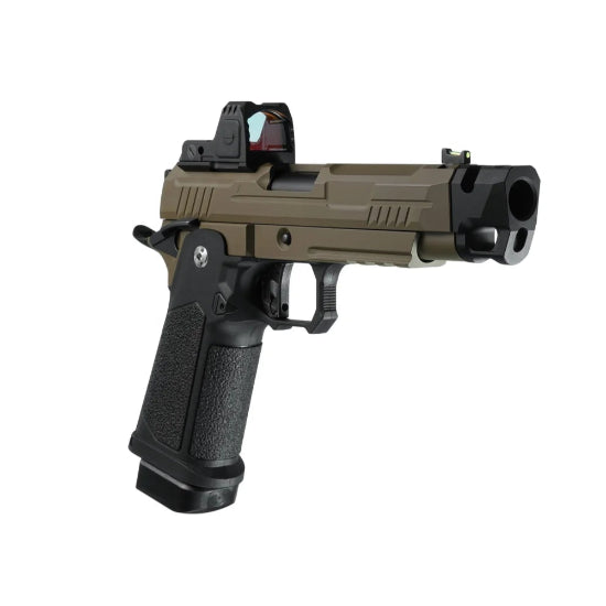 Arcturus Vanguard Hi-Capa 4.3 GBB Green Gas Airsoft Pistol w/Optics Ready Slide & Compensator & ARS-1 Red Dot Combo - Black/Tan