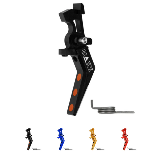 An image showing the MAXX AEG M4 CNC Aluminum Advanced Adjustable Speed Trigger in black color with orange accents, along with a trigger spring. The image also depicts the trigger in different colors like blue, red, and yellow, available variants.