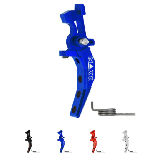 An image showing a MAXX AEG M4 CNC Aluminum Advanced Speed Trigger in blue color, with additional versions in black, red, and silver depicted below.