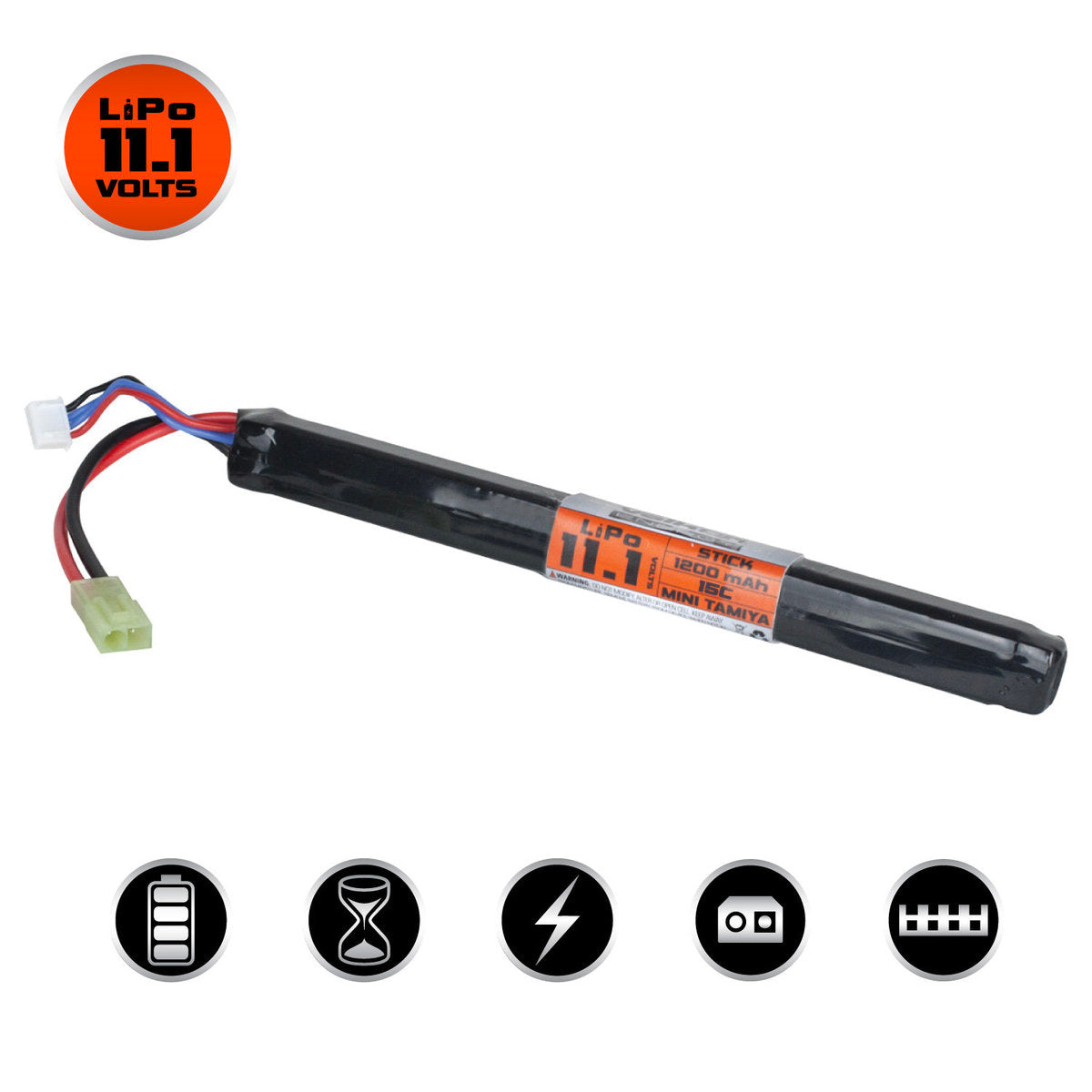 Valken Energy Airsoft AEG LiPo 11.1v 1200mAh 15/30C Rechargeable Battery (Long Stick Style) (Mini Tamiya)