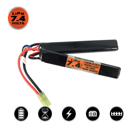 Valken Energy Airsoft AEG LiPo 7.4v 2000mAh 15/25C Rechargeable Battery (Twin Stick Style) (Mini Tamiya)