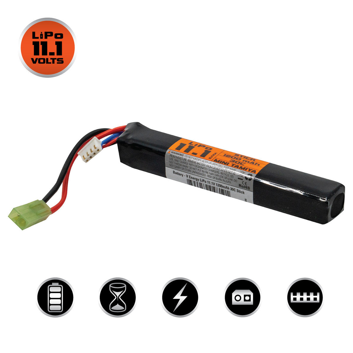 Valken Energy Airsoft AEG LiPo 11.1v 1200mAh 30C Rechargeable Battery (Stick Style) (Mini Tamiya)