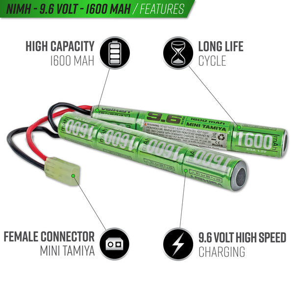 Valken Airsoft Power Kit NiMH 9.6V 1600mAh Split Battery & 1A Smart Charger