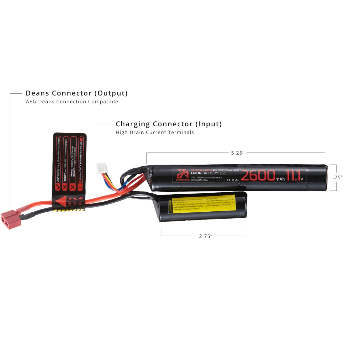 Zion Arms Airsoft AEG Li-Ion 11.1v 2600mAh Rechargeable Battery (Nunchuck Style) (Deans)